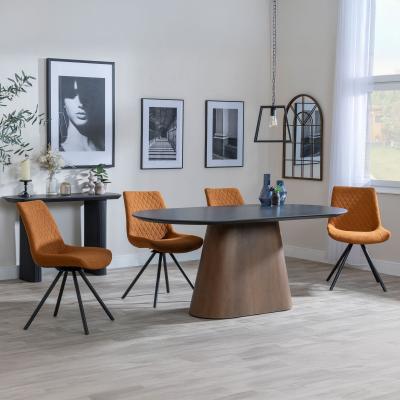 Danetti Dark Grey Ceramic Oval Dining Set With Bronze Pedestal Base Boden Orange Fabric Swivel Dining Chair