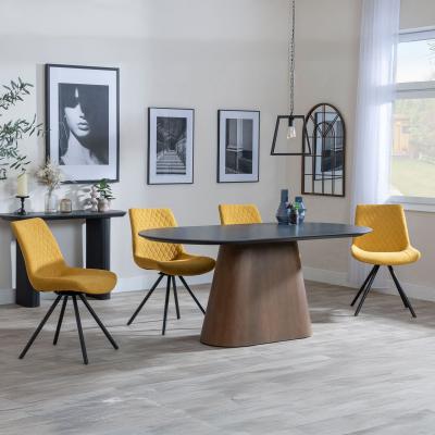 Danetti Dark Grey Ceramic Oval Dining Set With Bronze Pedestal Base Boden Yellow Fabric Swivel Dining Chair