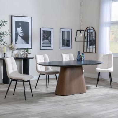 Danetti Dark Grey Ceramic Oval Dining Set With Bronze Pedestal Base Corona Beige Fabric Dining Chair