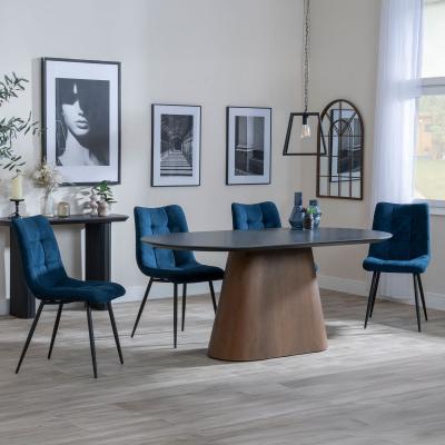 Danetti Dark Grey Ceramic Oval Dining Set With Bronze Pedestal Base Corona Blue Fabric Dining Chair