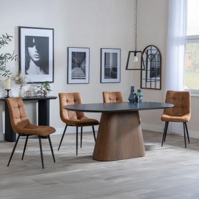 Danetti Dark Grey Ceramic Oval Dining Set With Bronze Pedestal Base Corona Brown Fabric Dining Chair