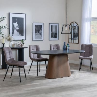 Danetti Dark Grey Ceramic Oval Dining Set With Bronze Pedestal Base Corona Camel Fabric Dining Chair