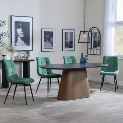 Danetti Dark Grey Ceramic Oval Dining Set With Bronze Pedestal Base Corona Green Fabric Dining Chair