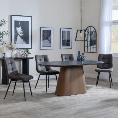 Danetti Dark Grey Ceramic Oval Dining Set With Bronze Pedestal Base Corona Grey Fabric Dining Chair