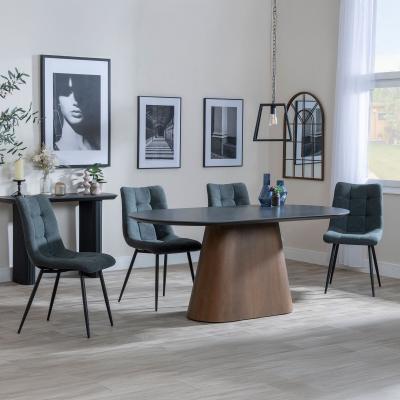 Danetti Dark Grey Ceramic Oval Dining Set With Bronze Pedestal Base Corona Light Grey Fabric Dining Chair