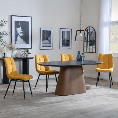 Danetti Dark Grey Ceramic Oval Dining Set With Bronze Pedestal Base Corona Yellow Fabric Dining Chair