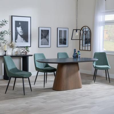 Danetti Dark Grey Ceramic Oval Dining Set With Bronze Pedestal Base Darwin Green Fabric Dining Chair