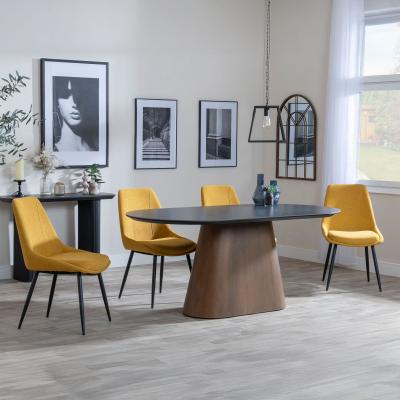 Danetti Dark Grey Ceramic Oval Dining Set With Bronze Pedestal Base Darwin Yellow Fabric Dining Chair