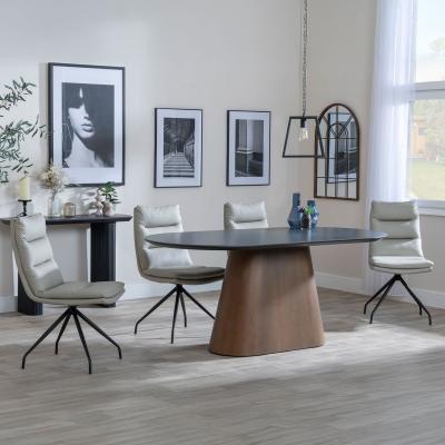 Danetti Dark Grey Ceramic Oval Dining Set With Bronze Pedestal Base Diego Beige Leather Swivel Dining Chair