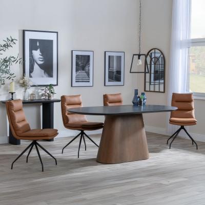 Danetti Dark Grey Ceramic Oval Dining Set With Bronze Pedestal Base Diego Brown Leather Swivel Dining Chair