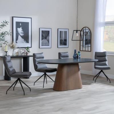 Danetti Dark Grey Ceramic Oval Dining Set With Bronze Pedestal Base Diego Grey Leather Swivel Dining Chair