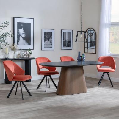 Danetti Dark Grey Ceramic Oval Dining Set With Bronze Pedestal Base Ion Orange Velvet Fabric Swivel Dining Chair