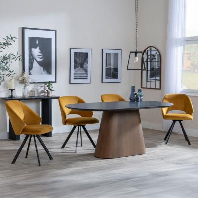 Danetti Dark Grey Ceramic Oval Dining Set With Bronze Pedestal Base Ion Yellow Velvet Fabric Swivel Dining Chair