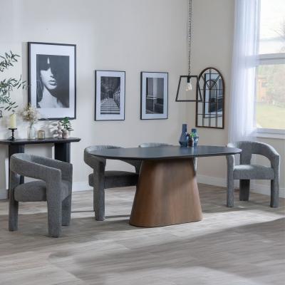 Danetti Dark Grey Ceramic Oval Dining Set With Bronze Pedestal Base Kiefer Grey Boucle Fabric Dining Chair