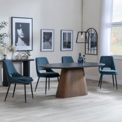 Danetti Dark Grey Ceramic Oval Dining Set With Bronze Pedestal Base Peyton Blue Fabric Dining Chair