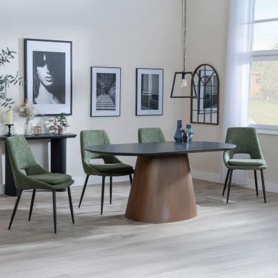 Danetti Dark Grey Ceramic Oval Dining Set With Bronze Pedestal Base Peyton Green Fabric Dining Chair