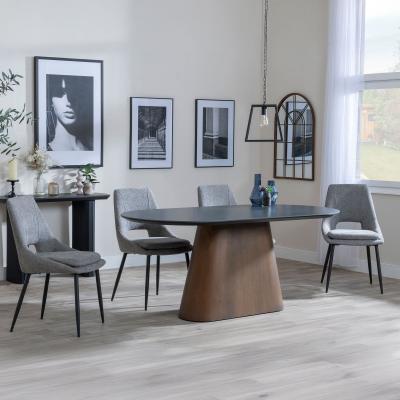 Danetti Dark Grey Ceramic Oval Dining Set With Bronze Pedestal Base Peyton Grey Fabric Dining Chair