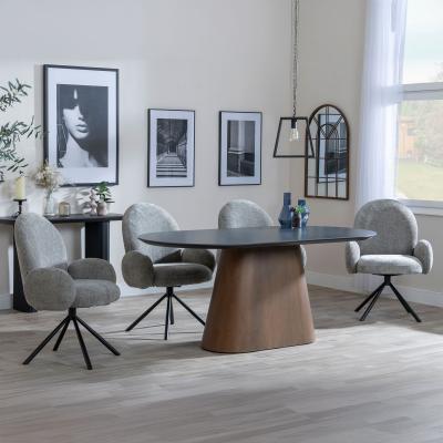 Danetti Dark Grey Ceramic Oval Dining Set With Bronze Pedestal Base Theo Dark Grey Fabric Swivel Dining Chair