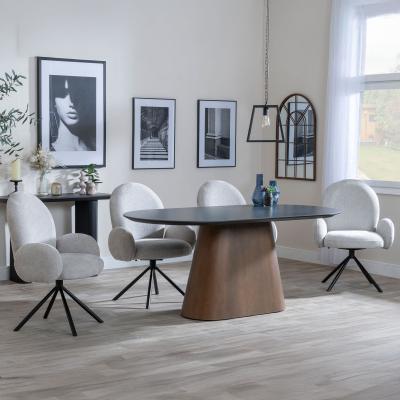 Danetti Dark Grey Ceramic Oval Dining Set With Bronze Pedestal Base Theo Grey Fabric Swivel Dining Chair