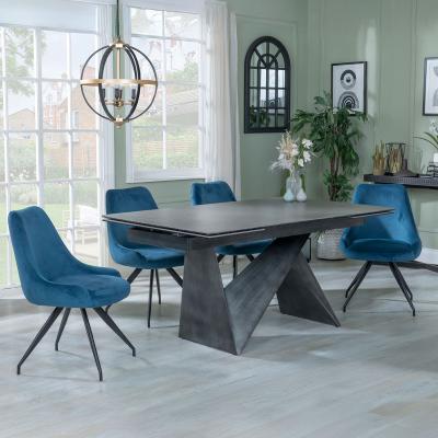 Garvin Dark Grey Ceramic Extending Dining Set Arctic Blue Velvet Fabric Swivel Dining Chair