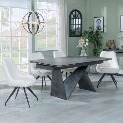 Garvin Dark Grey Ceramic Extending Dining Set Arctic Cream Velvet Fabric Swivel Dining Chair