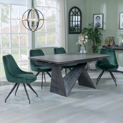 Garvin Dark Grey Ceramic Extending Dining Set Arctic Green Velvet Fabric Swivel Dining Chair