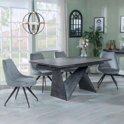 Garvin Dark Grey Ceramic Extending Dining Set Arctic Grey Velvet Fabric Swivel Dining Chair