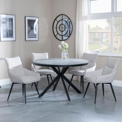 Bronx Grey Concrete Effect 4 Seater Round Dining Set With Spider Legs 4 Ace Beige Fabric Swivel Dining Chair