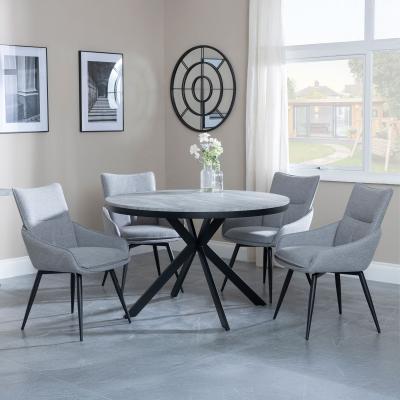 Bronx Grey Concrete Effect 4 Seater Round Dining Set With Spider Legs 4 Ace Grey Fabric Swivel Dining Chair