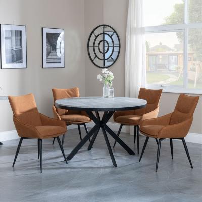 Bronx Grey Concrete Effect 4 Seater Round Dining Set With Spider Legs 4 Ace Orange Fabric Swivel Dining Chair