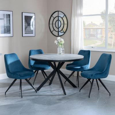 Bronx Grey Concrete Effect 4 Seater Round Dining Set With Spider Legs 4 Arctic Blue Velvet Fabric Swivel Dining Chair