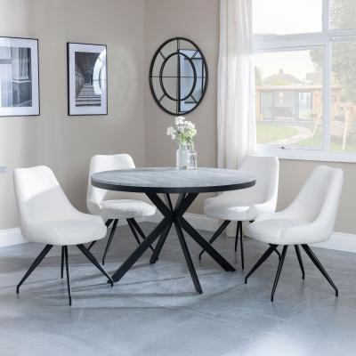 Bronx Grey Concrete Effect 4 Seater Round Dining Set With Spider Legs 4 Arctic Cream Velvet Fabric Swivel Dining Chair