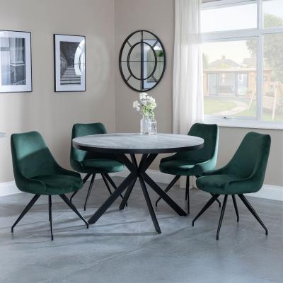 Bronx Grey Concrete Effect 4 Seater Round Dining Set With Spider Legs 4 Arctic Green Velvet Fabric Swivel Dining Chair