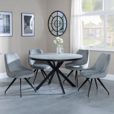 Bronx Grey Concrete Effect 4 Seater Round Dining Set With Spider Legs 4 Arctic Grey Velvet Fabric Swivel Dining Chair