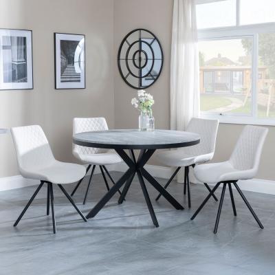 Bronx Grey Concrete Effect 4 Seater Round Dining Set With Spider Legs 4 Boden Cream Fabric Swivel Dining Chair