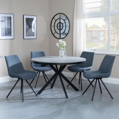 Bronx Grey Concrete Effect 4 Seater Round Dining Set With Spider Legs 4 Boden Dark Grey Fabric Swivel Dining Chair