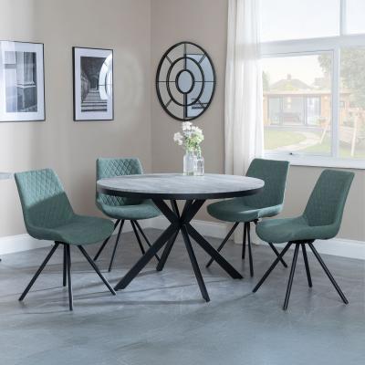 Bronx Grey Concrete Effect 4 Seater Round Dining Set With Spider Legs 4 Boden Green Fabric Swivel Dining Chair