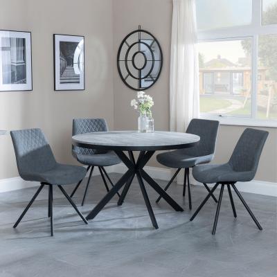 Bronx Grey Concrete Effect 4 Seater Round Dining Set With Spider Legs 4 Boden Grey Fabric Swivel Dining Chair