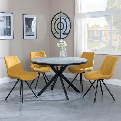 Bronx Grey Concrete Effect 4 Seater Round Dining Set With Spider Legs 4 Boden Yellow Fabric Swivel Dining Chair