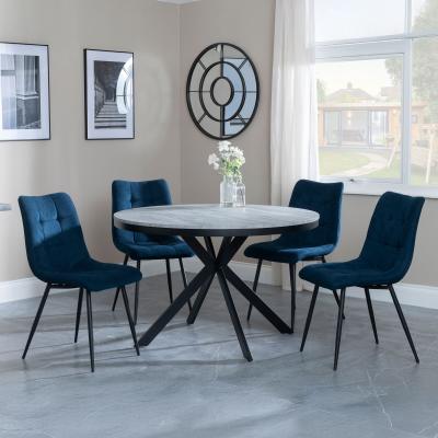 Bronx Grey Concrete Effect 4 Seater Round Dining Set With Spider Legs 4 Corona Blue Fabric Dining Chair