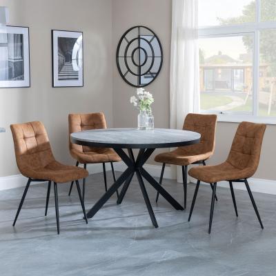 Bronx Grey Concrete Effect 4 Seater Round Dining Set With Spider Legs 4 Corona Brown Fabric Dining Chair