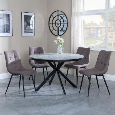 Bronx Grey Concrete Effect 4 Seater Round Dining Set With Spider Legs 4 Corona Camel Fabric Dining Chair