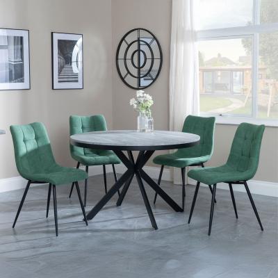 Bronx Grey Concrete Effect 4 Seater Round Dining Set With Spider Legs 4 Corona Green Fabric Dining Chair