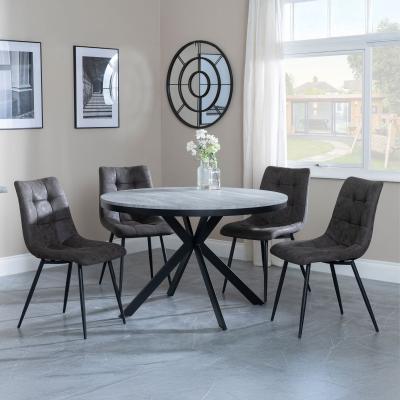 Bronx Grey Concrete Effect 4 Seater Round Dining Set With Spider Legs 4 Corona Grey Fabric Dining Chair