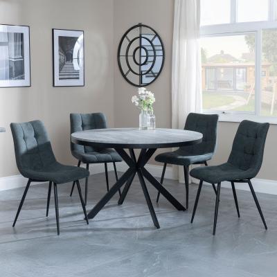 Bronx Grey Concrete Effect 4 Seater Round Dining Set With Spider Legs 4 Corona Light Grey Fabric Dining Chair