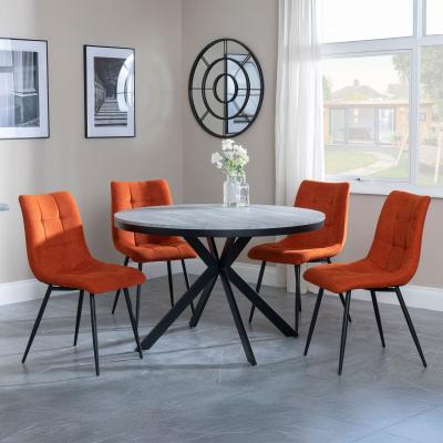 Bronx Grey Concrete Effect 4 Seater Round Dining Set With Spider Legs 4 Corona Orange Fabric Dining Chair