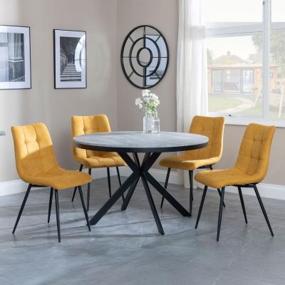 Bronx Grey Concrete Effect 4 Seater Round Dining Set With Spider Legs 4 Corona Yellow Fabric Dining Chair