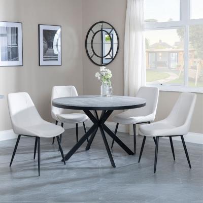 Bronx Grey Concrete Effect 4 Seater Round Dining Set With Spider Legs 4 Darwin Cream Fabric Dining Chair