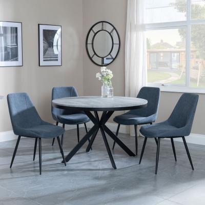 Bronx Grey Concrete Effect 4 Seater Round Dining Set With Spider Legs 4 Darwin Dark Grey Fabric Dining Chair