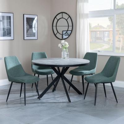 Bronx Grey Concrete Effect 4 Seater Round Dining Set With Spider Legs 4 Darwin Green Fabric Dining Chair